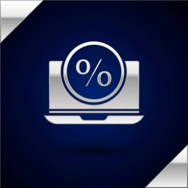 Silver Percent symbol discount and laptop icon isolated on dark blue background. Sale percentage - price label, tag. Vector Illustration — Stock Vector