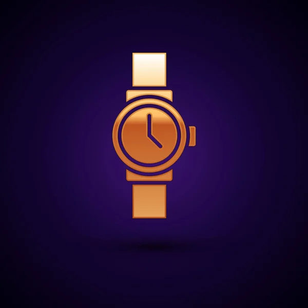 Reloj de pulsera de oro icono aislado sobre fondo azul oscuro. Icono del reloj de pulsera. Ilustración vectorial — Vector de stock