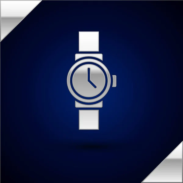 Ασημένιο ρολόι καρπού εικόνα απομονώνονται σε σκούρο μπλε φόντο. Εικονίδιο ρολογιού χειρός. Εικονογράφηση διανύσματος — Διανυσματικό Αρχείο