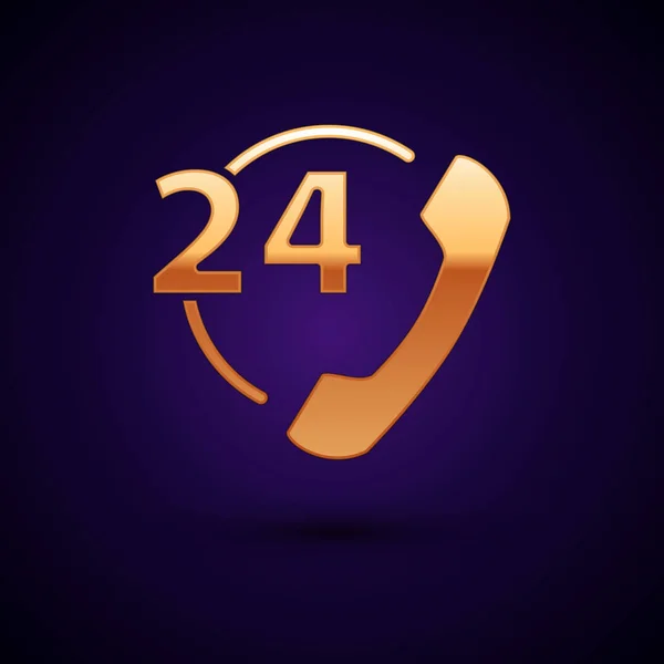 Χρυσό τηλέφωνο 24 ώρες εικόνα υποστήριξης απομονώνονται σε σκούρο μπλε φόντο. Τηλεφωνικό κέντρο υποστήριξης πελατών όλη μέρα. Υπηρεσία τηλεφωνικών κλήσεων πλήρους απασχόλησης. Εικονογράφηση διανύσματος — Διανυσματικό Αρχείο