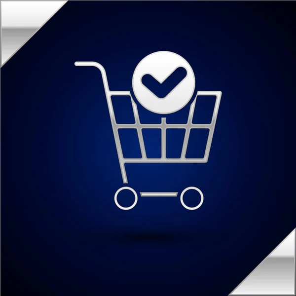 Silver Shopping cart with geck mark icon isolated on third blue foundation. Корзина супермаркета с одобренным, подтвердить, сделать, клещ, завершена. Векторная миграция — стоковый вектор