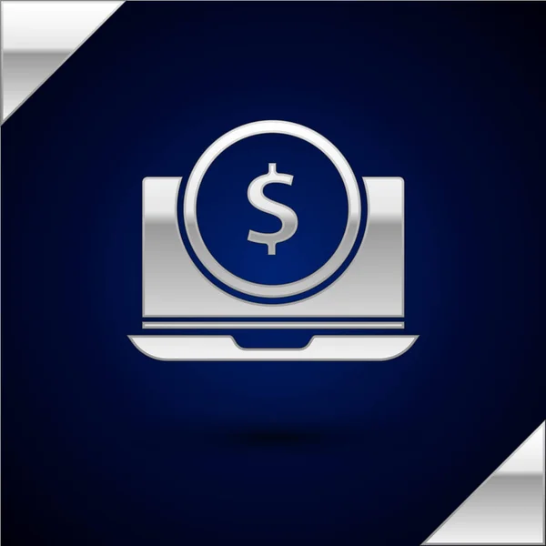 Laptop de plata con símbolo de dólar icono aislado sobre fondo azul oscuro. Concepto de compras online. Ganancias en Internet, marketing. Ilustración vectorial — Vector de stock