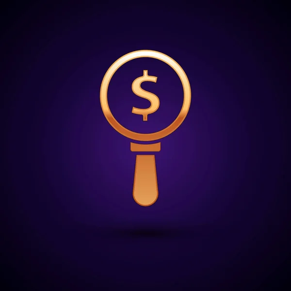 Gold Magnifying glass and dollar symbol icon isolated on dark blue background. Find money. Looking for money. Vector Illustration