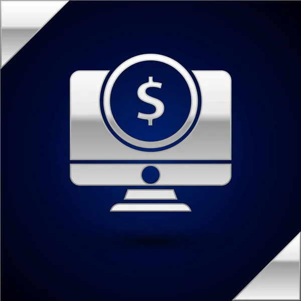 Zilveren computer monitor met dollar symbool pictogram geïsoleerd op donker blauwe achtergrond. Online Shopping concept. Inkomsten op internet, marketing. Vector illustratie — Stockvector
