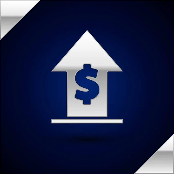 Silver Icono financiero de crecimiento y moneda aislado sobre fondo azul oscuro. Aumento de los ingresos. Ilustración vectorial — Vector de stock