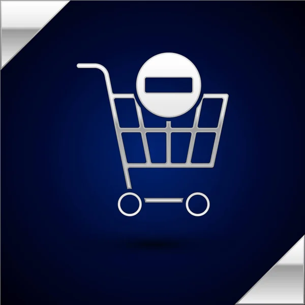 Silver Remove shopping cart icon isolated on dark blue background. Online buying concept. Delivery service. Supermarket basket and X mark. Vector Illustration — 스톡 벡터