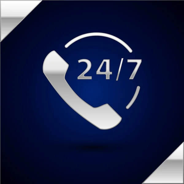 Silver Telefon 24 timmars stöd ikon isolerad på mörkblå bakgrund. Hela dagen kundsupport call-center. Heltidssamtal. Vektor Illustration — Stock vektor