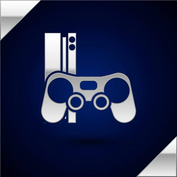 Silver Console per videogiochi con icona joystick isolata su sfondo blu scuro. Illustrazione vettoriale — Vettoriale Stock
