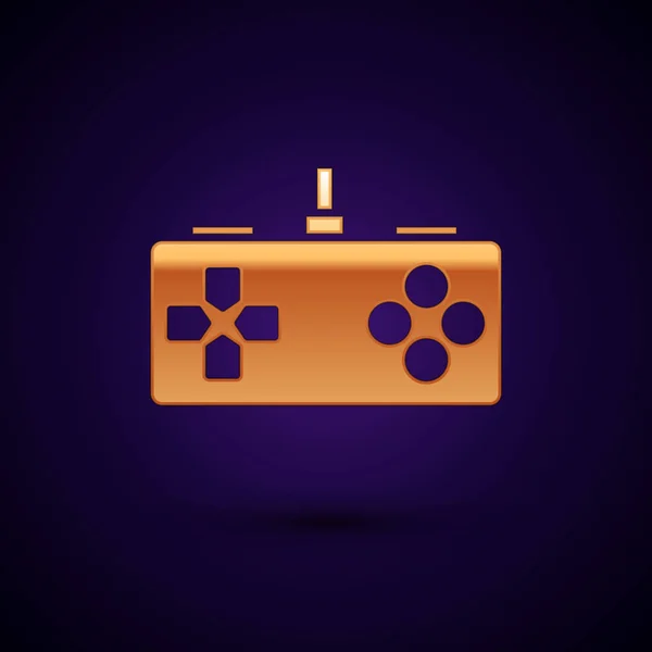 Gouden gamepad pictogram geïsoleerd op donker blauwe achtergrond. Spelbesturing. Vector illustratie — Stockvector