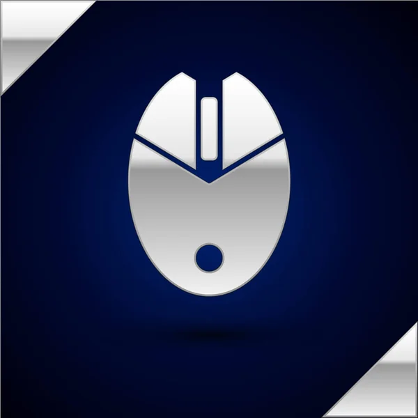 Icono de juego Silver Computer mouse aislado sobre fondo azul oscuro. Óptica con símbolo de rueda. Ilustración vectorial — Vector de stock
