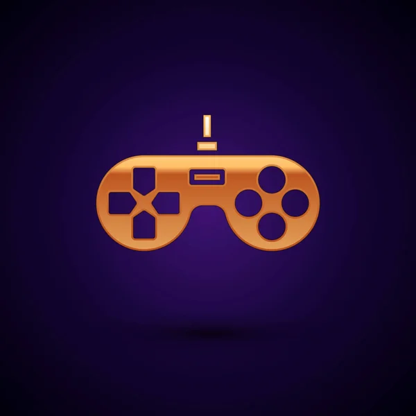 Gouden gamepad pictogram geïsoleerd op donker blauwe achtergrond. Spelbesturing. Vector illustratie — Stockvector