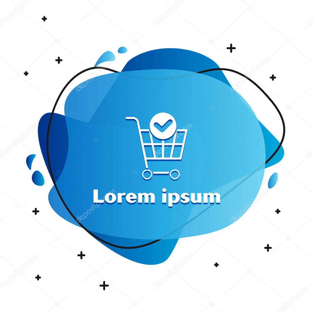 White Shopping cart with check mark icon isolated on white background. Supermarket basket with approved, confirm, done, tick, completed. Abstract banner with liquid shapes. Vector Illustration