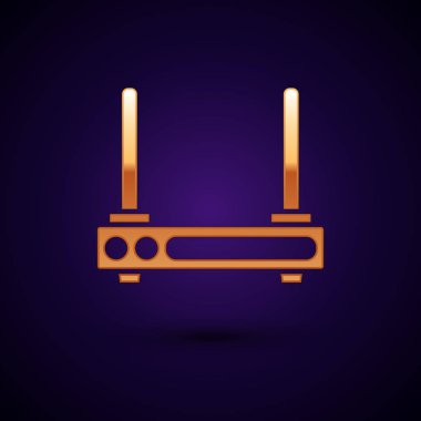 Altın Yönlendirici ve wi-fi sinyal sembolü simgesi koyu mavi arka planda izole. Kablosuz ethernet modem yönlendirici. Bilgisayar teknolojisi internet. Vektör İllüstrasyonu