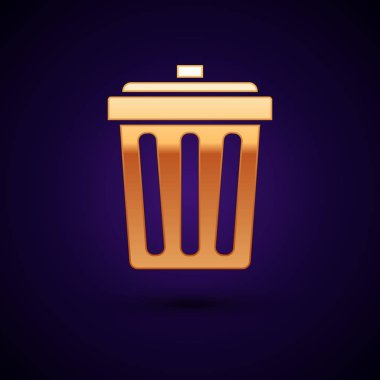 Gold Trash koyu mavi arka planda yalıtılmış simge olabilir. Çöp kutusu tabelası. Sepet simgesini geri dönüştürün. Office çöp simgesi. Vektör İllüstrasyonu