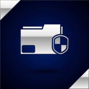 Koyu mavi arkaplanda gümüş dosya koruma konsepti simgesi izole edildi. Gizli bilgi ve gizlilik fikri, koruma, kalkan. Vektör İllüstrasyonu