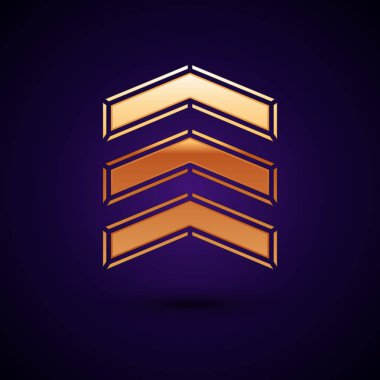 Altın askeri rütbe simgesi koyu mavi arka planda izole edilmiş. Askeri rozet işareti. Vektör İllüstrasyonu