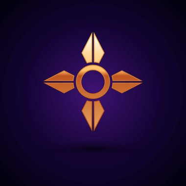 Altın Japon ninja shuriken simgesi koyu mavi arkaplanda izole edildi. Vektör İllüstrasyonu