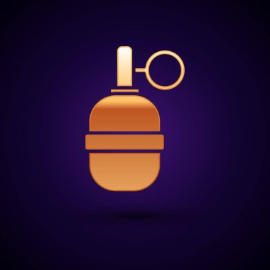 Koyu mavi arka planda izole edilmiş altın el bombası ikonu. Bomba patlaması. Vektör İllüstrasyonu