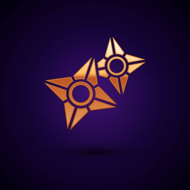 Altın Japon ninja shuriken simgesi koyu mavi arkaplanda izole edildi. Vektör İllüstrasyonu