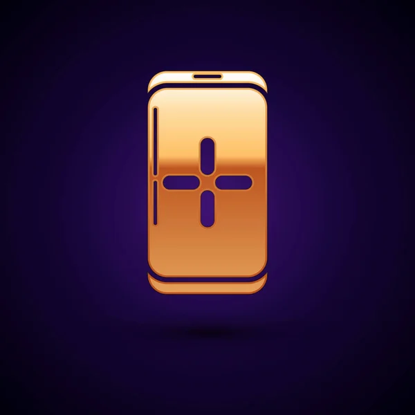 Gold Smartphone and playing in game icon isolated on dark blue background. Mobile gaming concept. Vector Illustration — 스톡 벡터