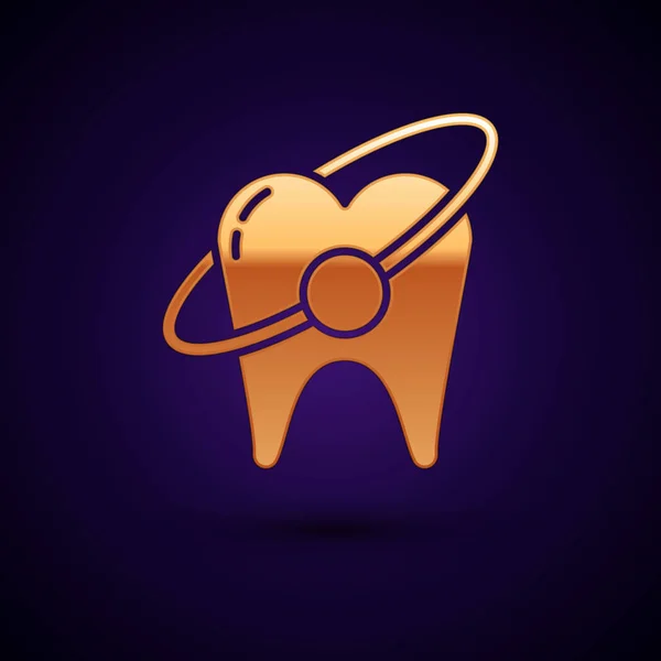 Иконка концепции отбеливания золотых зубов выделена на темно-синем фоне. Символ зуба для стоматологической клиники или стоматологического медицинского центра. Векторная миграция — стоковый вектор