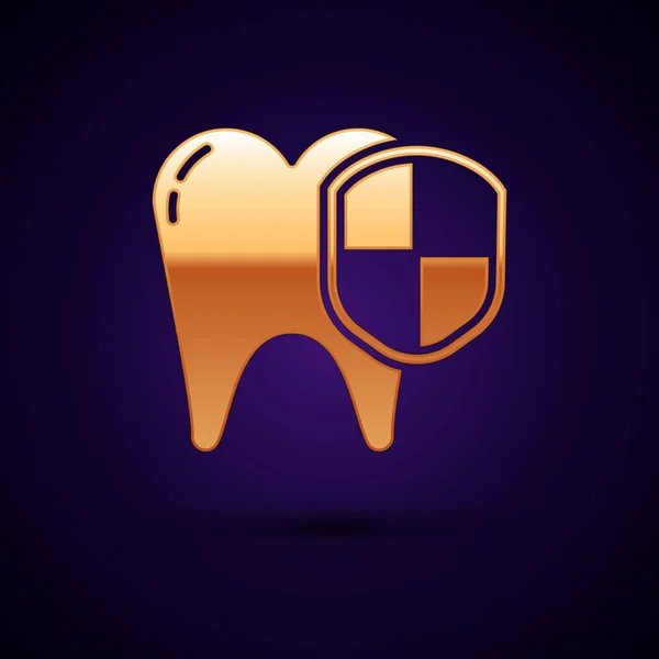 Gold Dental protection icon isolated on dark blue background. Tooth on shield logo. Vector Illustration — ストックベクタ