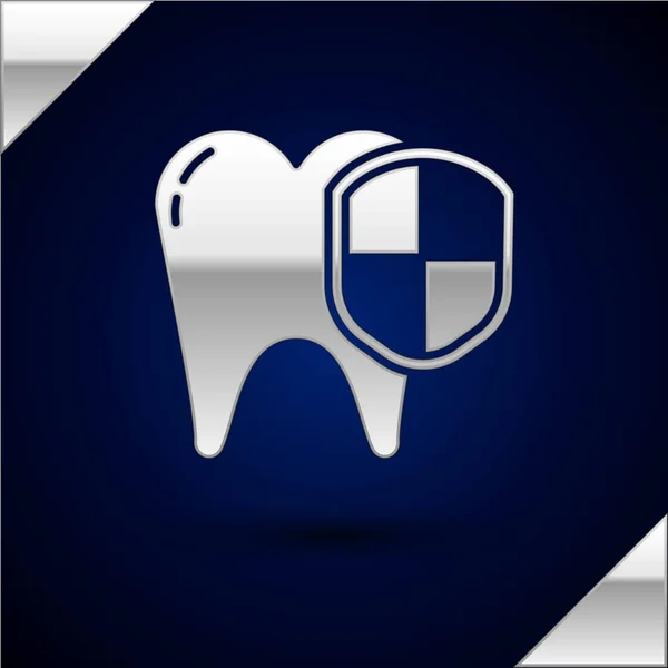 Silver Dental protection icon isolated on dark blue background. Tooth on shield logo. Vector Illustration — 스톡 벡터