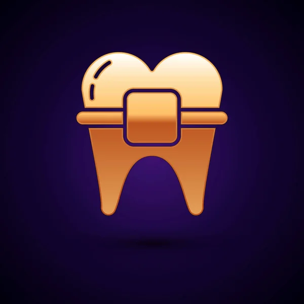 Gold Teeth with braces icon isolated on dark blue background. Alignment of bite of teeth, dental row with with braces. Dental concept. Vector Illustration — 스톡 벡터