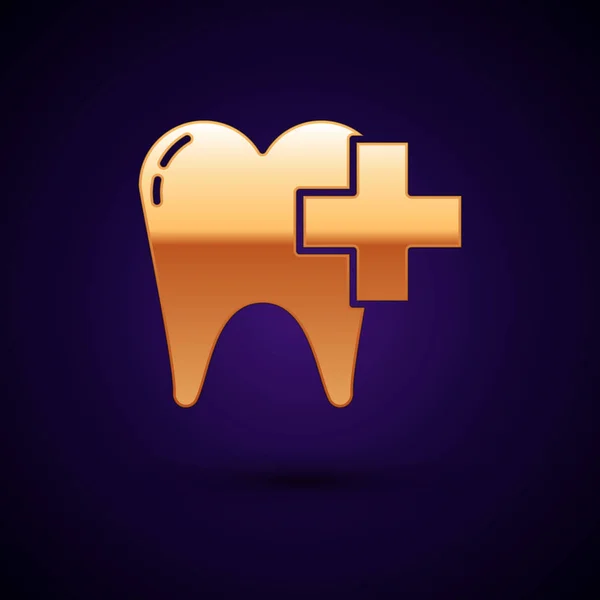 Clínica dental Gold para el cuidado dental icono del diente aislado sobre fondo azul oscuro. Ilustración vectorial — Vector de stock