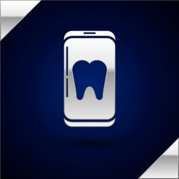 Срібний значок стоматологічного догляду онлайн ізольовано на темно-синьому фоні. Інформаційний колл-центр стоматологічної служби. Векторна ілюстрація — стоковий вектор