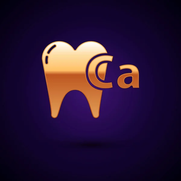 Goud Calcium voor tand pictogram geïsoleerd op donkerblauwe achtergrond. Tandsymbool voor tandheelkundige kliniek of tandarts medisch centrum. Vector Illustratie — Stockvector