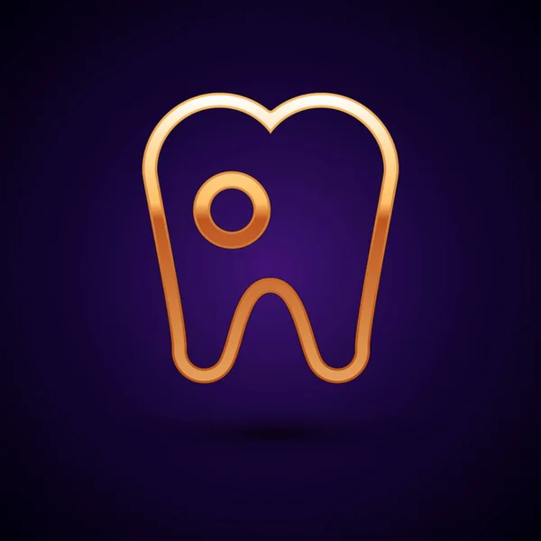 Dente d'oro con icona della carie isolata su sfondo blu scuro. Carie dentarie. Illustrazione vettoriale — Vettoriale Stock