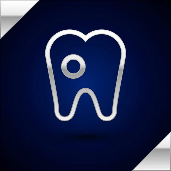 Silver Tooth with caries icon isolated on dark blue background. Tooth decay. Vector Illustration — 스톡 벡터