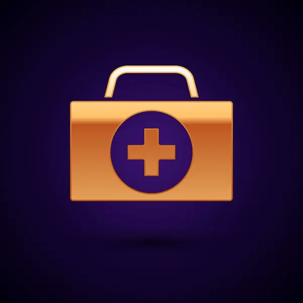 Icono del kit de primeros auxilios dorado aislado sobre fondo azul oscuro. Caja médica con cruz. Equipo médico para emergencias. Concepto de salud. Ilustración vectorial — Vector de stock