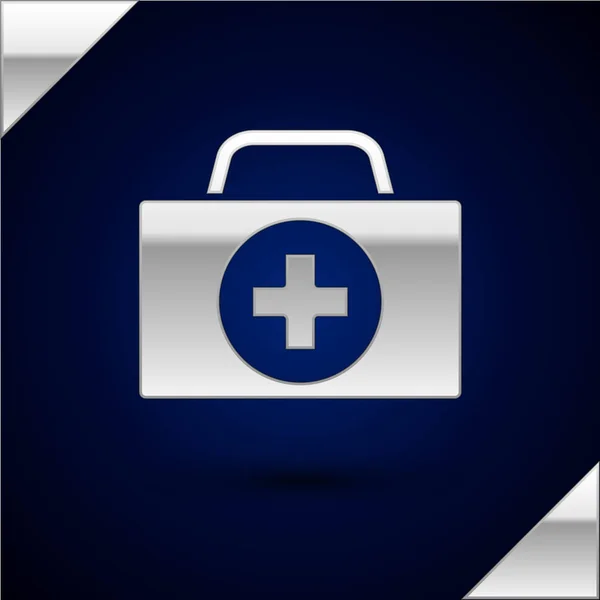 Silver First aid kit icon isolated on dark blue background. Medical box with cross. Medical equipment for emergency. Healthcare concept. Vector Illustration — Stock Vector