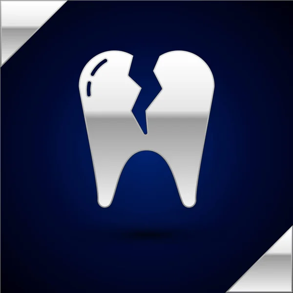 Срібна піктограма зламаного зуба ізольована на темно-синьому фоні. Піктограма стоматологічної проблеми. Символ стоматологічної допомоги. Векторна ілюстрація — стоковий вектор
