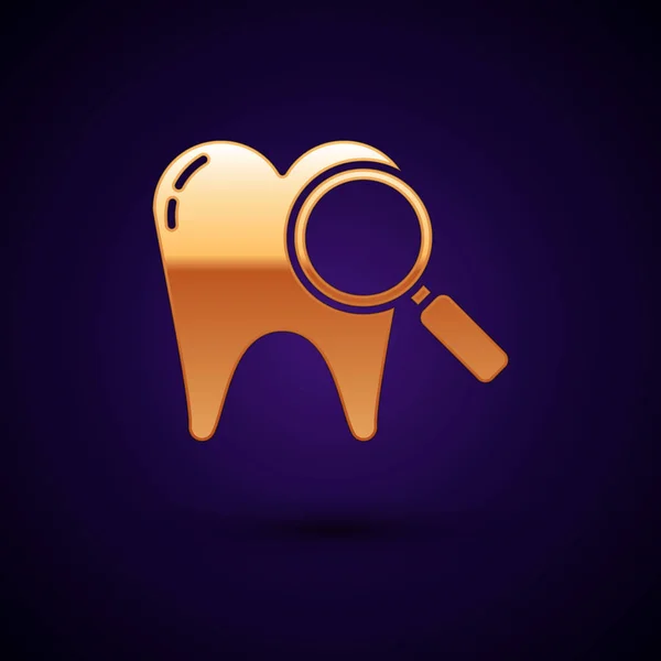 Oro Icono de búsqueda dental aislado sobre fondo azul oscuro. Símbolo dental para clínica odontológica o centro médico dentista. Ilustración vectorial — Vector de stock