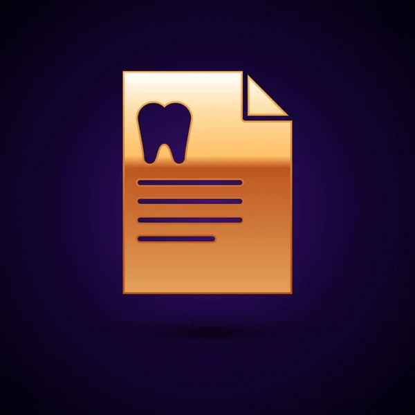 Золота дошка з стоматологічною карткою або піктограмою медичних записів пацієнта ізольовані на темно-синьому фоні. Стоматологічне страхування. Звіт стоматологічної клініки. Векторна ілюстрація — стоковий вектор