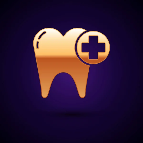 Diente de oro icono aislado sobre fondo azul oscuro. Símbolo dental para clínica de odontología o centro médico dentista y paquete de pasta de dientes. Ilustración vectorial — Vector de stock
