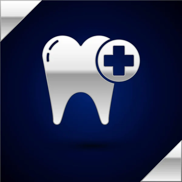 Icône dent argentée isolée sur fond bleu foncé. Symbole de dent pour clinique dentaire ou centre médical de dentiste et paquet de dentifrice. Illustration vectorielle — Image vectorielle