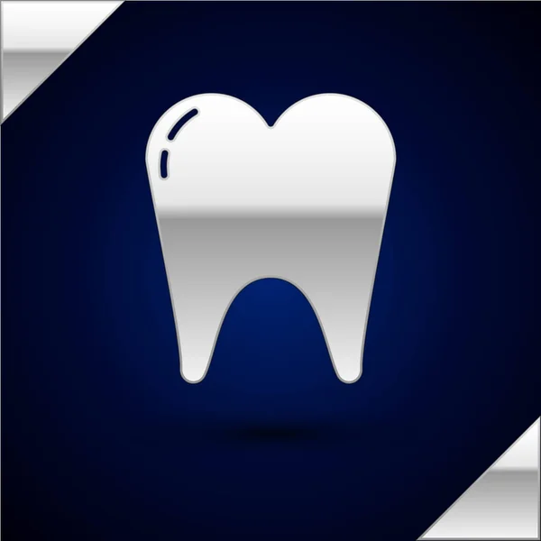 Stříbrný zub ikona izolované na tmavomodrém pozadí. Zubní symbol pro zubní kliniku nebo zubní lékařství a balíček zubní pasty. Vektorová ilustrace — Stockový vektor