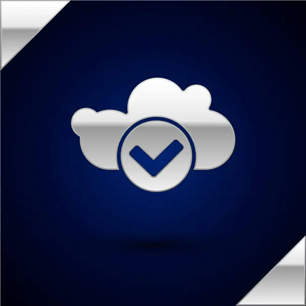 Silver Cloud with check mark icon isolated on dark blue background. Cloud storage data protection. Cloud computing. Vector Illustration — 스톡 벡터