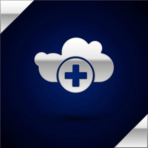 Silver Add cloud icon isolated on dark blue background. Úložiště dat v cloudu. Vektorová ilustrace — Stockový vektor