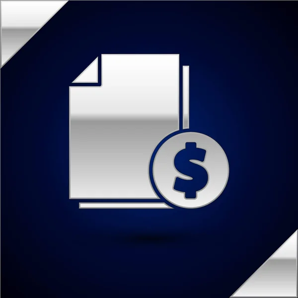Icono del documento Silver Finance aislado sobre fondo azul oscuro. Documento bancario en papel con moneda de dólar para concepto de factura o factura. Ilustración vectorial — Vector de stock