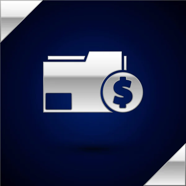 Silver Finance document folder icon isolated on dark blue background. Paper bank document with dollar coin for invoice or bill concept. Vector Illustration — Stock Vector