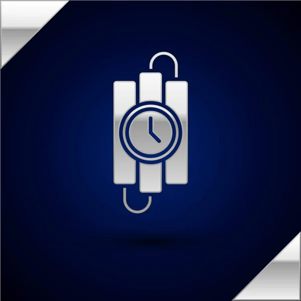Silver Detonate dynamite bomb stick and timer clock icon isolated on dark blue background. Time bomb - explosion danger concept. Vector Illustration — Stock Vector
