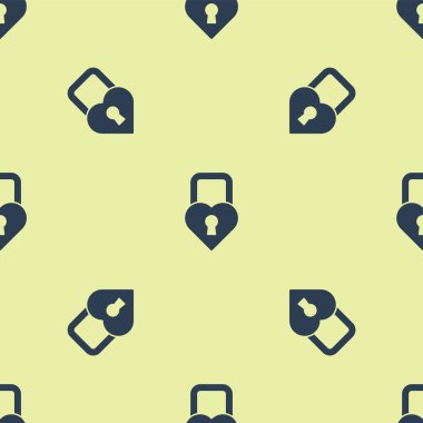 Mavi Kale, kalp simgesi şeklinde sarı arka planda izole edilmiş. Kilitli Kalp. Aşk sembolü ve anahtar deliği işareti. Sevgililer Günü. Vektör İllüstrasyonu