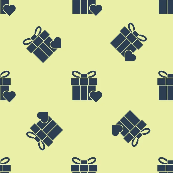 Blue Gift box and heart icon isolated seamless pattern on yellow background. Valentines day. Vector Illustration — 스톡 벡터