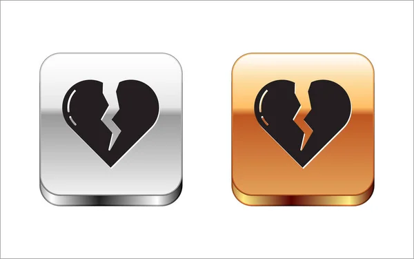 Siyah Kırık Kalp ya da beyaz arka planda izole edilmiş boşanma ikonu. Aşk sembolü. Sevgililer Günü. Gümüş-altın kare düğme. Vektör İllüstrasyonu
