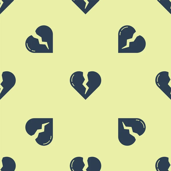 蓝色破碎的心脏或离婚图标隔离无缝图案的黄色背景. 爱情的象征 情人节。 病媒图解 — 图库矢量图片